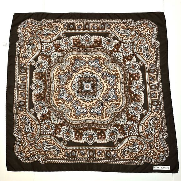 Gina Ruccini Square Scarf Brown Beige Paisley made in Italy - Picture 2 of 11